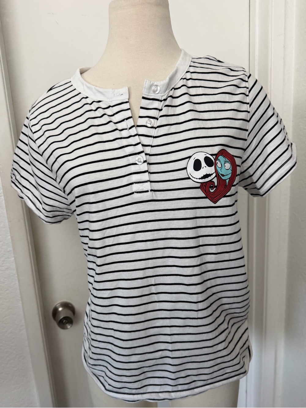 Disney Striped Henley Tee with Jack & Sally Patch - Jack skellington